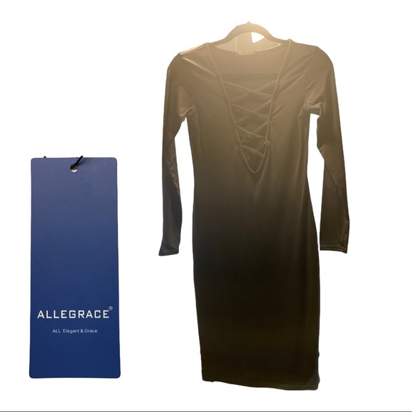 Pre-owned Black Long Sleeved Stretch Bodycon Bandage Strappy Dress L - Picture 4 of 5